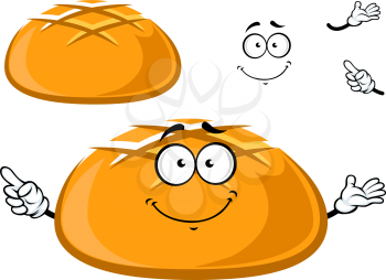 Happy fresh crusty cartoon bread character with waving arms and a happy smile with a second plain variation