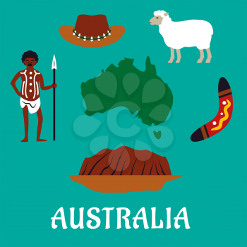Australian conceptual travel icons and landmarks with australian map surrounded by mountain, boomerang, sheep, sombrero hat and native man