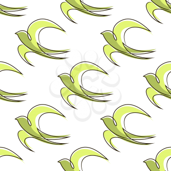 Seamless pattern of outline abstract swallow birds with green body and light green wings for background design
