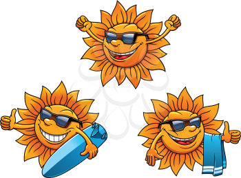 Trendy hip summer sun characters with happy faces wearing sunglasses and waving, two with surf boards