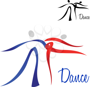 Flowing stylized dancing couple icon in red and blue with a black color variant for sport logo design