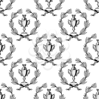 Seamless pattern with sport trophy cups and laurel wreaths in retro engraving outline style