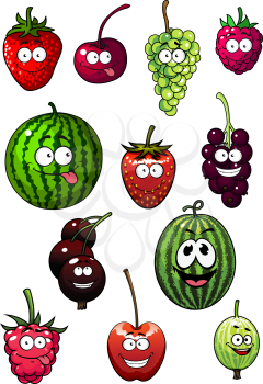 Fresh cartoon berries and fruits with watermelon, grape, strawberry, raspberry, cherry, gooseberry and currant