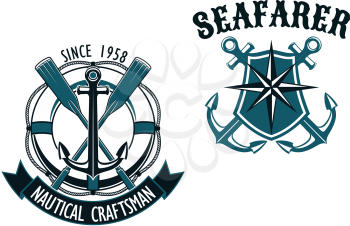 Nautical themed badges with  crossed oars over a life ring with ribbon Nautical Craftsman, and the second for Seafarer with a shield and compass over crossed anchors