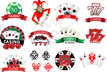 Large set of colored casino and poker icons or emblems with tokens, chips, playing cards, Joker and lucky numbers 777