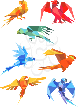 Different colorful origami paper stylized flying parrots, isolated on white background