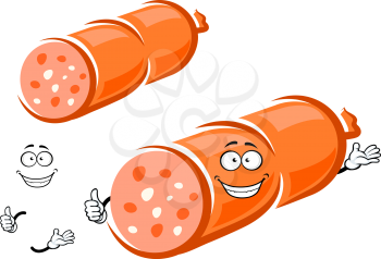Funny cartoon orange sliced sausage character with happy face and little hands on white background