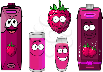 Raspberry fresh purple juice containers and glasses with berry