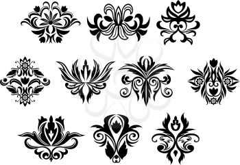 Vintage black flowers and blossoms set with different shapes for retro ornament design