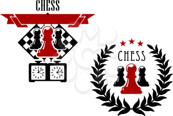 Chess game emblems or symbols with pawns, chessboard and game clock