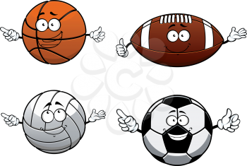 Cartooned sport basketball, football, volleyball and rugby balls isolated on white background for mascot design