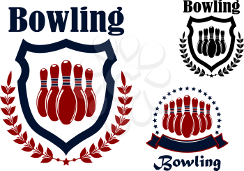 Bowling sports game blue and red graphic emblem with ninepins, wreath and shield elements