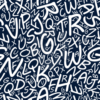 Plenty white alphabet letters in seamless pattern on dark blue background for wallpaper or textile design