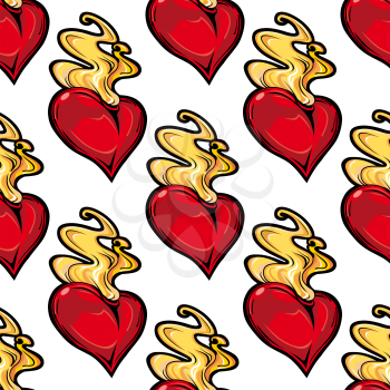 Burning red hot heart seamless pattern with a repeat motif depicting passion and love, square format