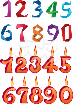 Sets of decorative numbers, one in  origami style and the other with candle flames for birthday or anniversary design use, isolated on white background