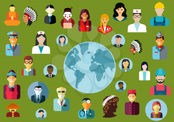 People flat avatars icons showing different  global professions both male and female grouped around a world map