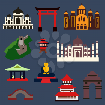 Famous landmarks and buildings of China, India, Greece, France, Japan on gray background for travel or journey design. Flat style