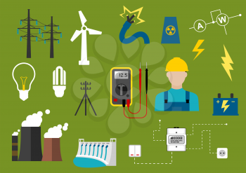 Electricity industry flat infographic icons including power generation and transportation, electrical engineering and professional electrician symbols