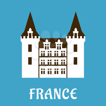 Renaissance castle in France with light color facade and pointed turrets. Flat style illustration for travel design