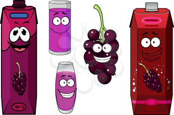 Black currant juice cartoon characters with red and violet cardboard juice packs, glasses with beverages and currant berries with happy smiles for food pack design