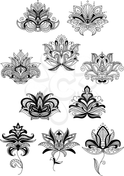 Indian stylized floral design elements with black paisley flowers and lush bloom, decorated in ethnic ornament. Isolated on white background