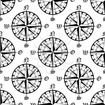Vintage navigation compass seamless pattern with repeated motif of black compass rose on white background, for adventure or travel design