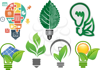 Ecology light bulbs symbols with abstract lamps, computer motherboard, green leaves, sun, solar panel and business icons puzzle, for environment or save energy concept design
