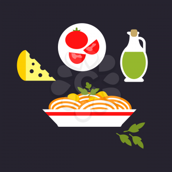 Italian pasta in flat style depicting spaghetti with cheese, tomato, olive oil and parsley on dark gray background for national cuisine concept or restaurant menu design