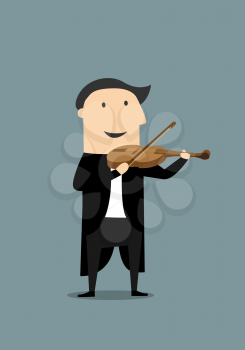 Smiling musician in elegant black tailcoat playing a violin. Cartoon flat style, suitable for music or comics concept design