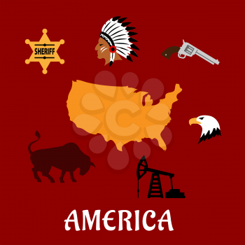 American famous cultural and historical flat icons with map of the USA, sheriff star, injun leader in feather headdress, revolver, american bald eagle, pump jack and bull on red background