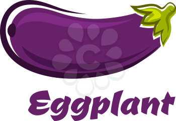 Ripe fresh eggplant or aubergine vegetable in cartoon style with dark violet smooth skin and sappy star shaped leafy calyx