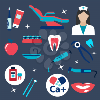 Dentistry flat icons with dentist in uniform, dental instruments, chair, syringe, braces, calcium, toothy smile, tooth brush and paste, apple, medication and tooth cross section