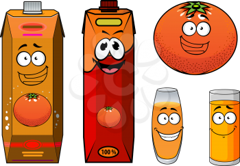 Cartoon orange juice packs characters with funny smiling bright orange and red juice cartons, filled glasses of citrus beverage an ripe orange fruit