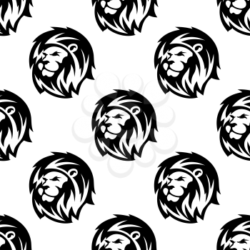 Black and white african heraldic lion heads seamless pattern background in outline sketch style with shaggy mane and proud gaze