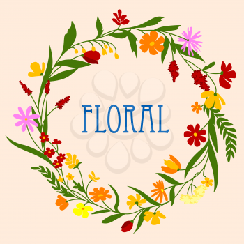 Delicate flowers and herbs foliage arranged in a shape of the round wreath for greeting card or invitation design