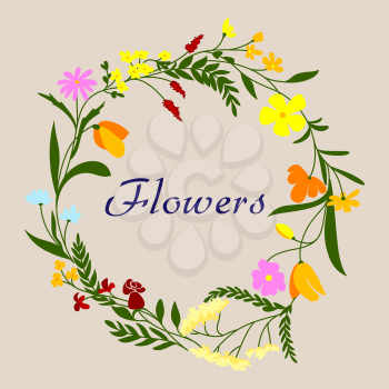 Floral wreath border frame with spring blooming herbs, colorful field flowers and various leaves