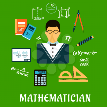 Mathematician profession concept with teacher in glasses encircled by formulas, calculator, rulers, compasses, pencil, textbooks, drawing and geometric figures