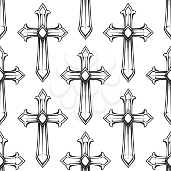 Vintage religious crosses in black and white seamless pattern with repeated motif of crucifix for fabric or heraldic design