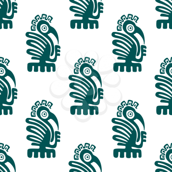 Maya birds seamless pattern with repeated motif of blue ancient native american eagle on white background, for textile design 