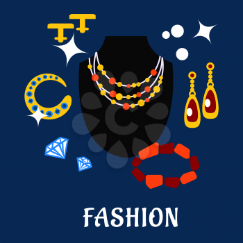 Men and women fashion and jewelry flat icons with black dummy, colorful necklace, golden and shining long earrings, cufflinks, bracelets with red and blue gemstones, diamonds