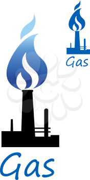 Gas and oil industry symbol with black silhouette of refinery plant pipe and blue flame, isolated on white background with small black variant in the upper corner and caption Gas