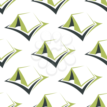 Tourist camp tents seamless pattern with stylized green pitched ridge tents on white background for textile or travel design