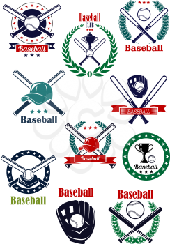 Baseball game green and blue retro emblems with balls, crossed bats, gloves, trophies, caps and home plate decorated with heraldic elements and stars