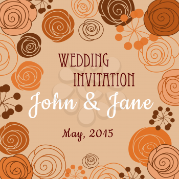 Wedding invitation or card design template in brown orange pastel colors with floral border composed of stylized blooming roses, persian buttercups and berry branches with editable text in the center