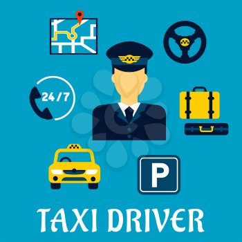 Taxi driver profession flat concept with elegant man in uniform surrounded by taxi service icons such as yellow car, parking sign, luggage, steering wheel, navigation map and call center