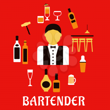 Bartender profession flat concept with bar counter, alcohol bottles, shaker, corkscrew, cocktails, beer tankard, wine glass and male in uniform with bow tie