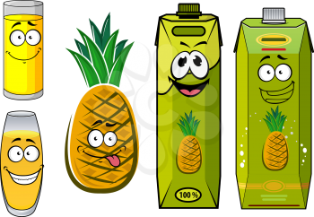 Funny pineapple juice cartoon characters with green juice packs, glasses and tropical pineapple fruit for beverage or food pack design