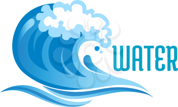 Blue ocean wave with foam bubbles and surf isolated on white background with text Water