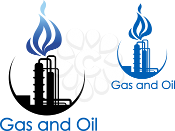 Gas and oil industry symbol with extensive piping of industrial process plant with blue gas flames