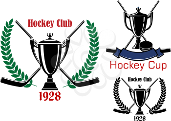 Ice hockey cup and club emblems with trophy cups, crossed sticks and puck framed by laurel branches, with foundation date and blank ribbon banner
